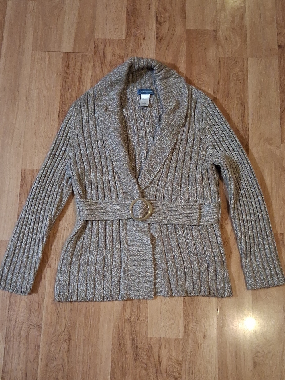 Classic Elements Taupe Ribbed Shawl-Collar Belted Cardigan